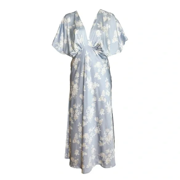 bhldn light blue dress BHLDN Light Blue Thompson Off The Shoulder Tulip Hem Crepe Column Dress Sz 6